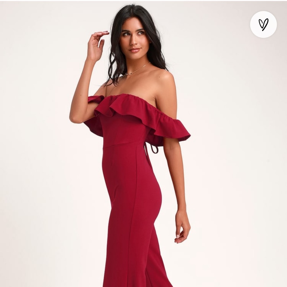 Lulus All I Want Wine Red Lace-Up Off-the-Shoulder Jumpsuit, New